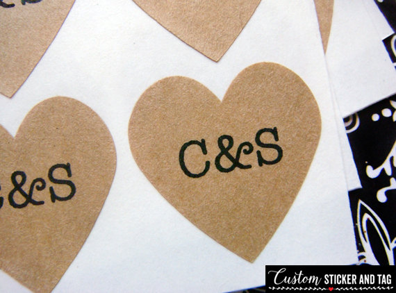 Hochzeit - 108 custom wedding heart stickers .75 inch brown kraft paper, envelope seals, stickers, wedding favor (S-07)