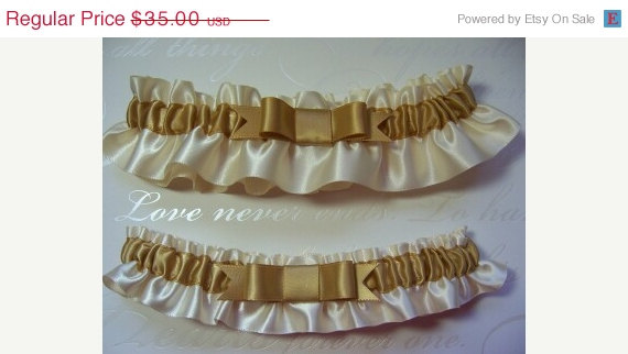 Hochzeit - SALE Satin Elegance Ivory and Gold Wedding Garter Set   NS