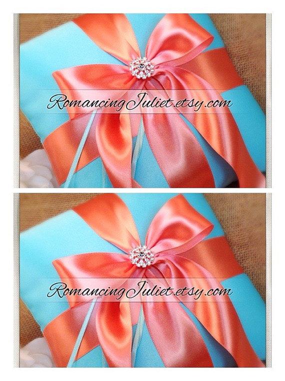 Hochzeit - Romantic Satin Elite Ring Bearer Pillow...You Choose the Colors...SET OF 2...shown in turquoise/guava coral 