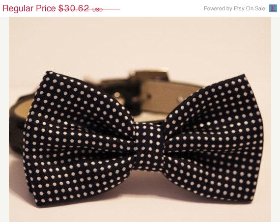 Mariage - Black Dog Bow Tie , Cute Dog Bowtie- with high quality Black leather collar, Polka dots dog bow tie