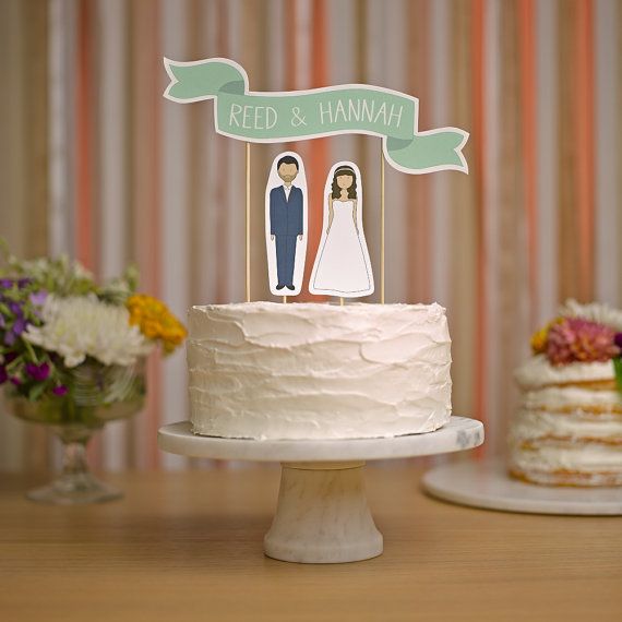 Свадьба - Wedding Cake Topper Set - Custom Cake Banner No. 2 / Bride And/or Groom Cake Toppers
