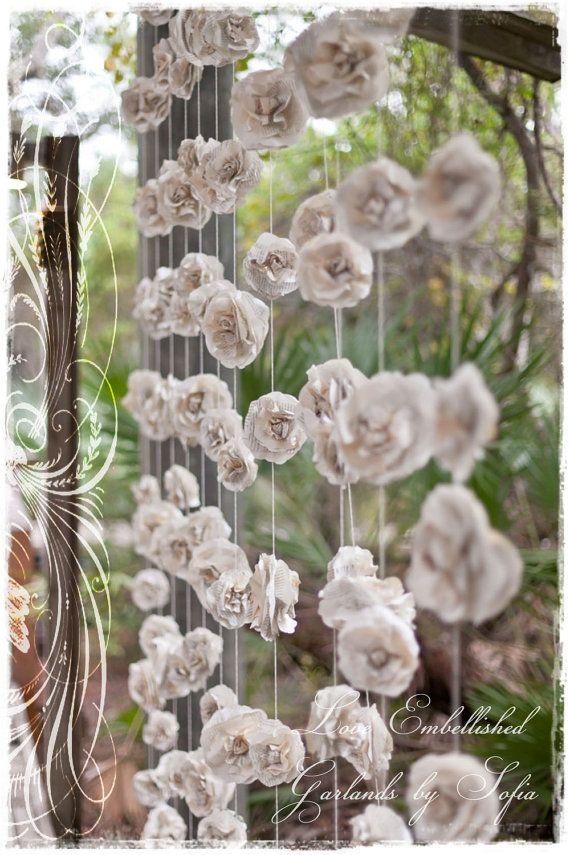 Hochzeit - Curtain Of 12 Garlands - Paper Flowers Roses Garland Backdrop From Vintage Book Pages Photo Prop Eco Wedding Garland Paper Flowers Backdrop