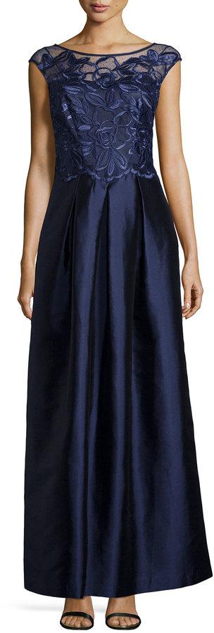 زفاف - Kay Unger New York Floral-Embroidered Cap-Sleeve Gown