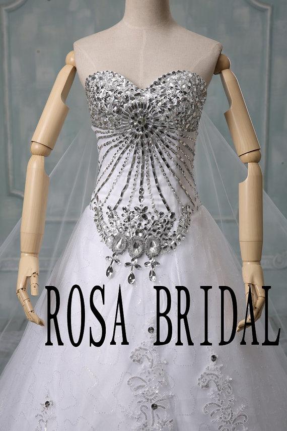 Mariage - Cathedral wedding dress rhinestone, Long train wedding dress, Luxury wedding dress, bridal dress, Wedding Gown Detachable train Custom