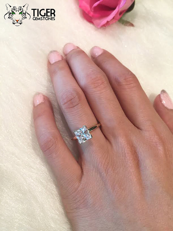 زفاف - Size 7:  2 Carat, 14k Yellow & White Gold, Princess Solitaire Engagement Ring, Two Toned, Man Made Diamond Simulant, Wedding Ring, Bridal