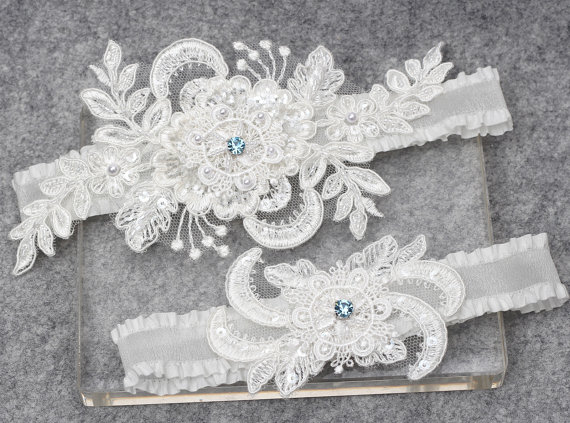 Hochzeit - Wedding Garter Set - Something blue Garter Set, Lace Garters, Bridal Garter Set, Garter Set, Wedding Garter Belt