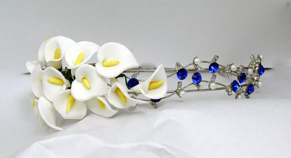 Hochzeit - Something Blue Wedding Headband,  Flower Bridal Headband, Crystal Blue Headpiece,  Calla Lily Headpiece