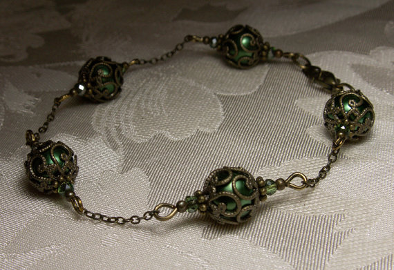 Mariage - Steampunk Bracelet Forest Green Crystal Pearl Antiqued Bronze Filigree Wrapped Titanic Temptations Jewelry Vintage Victorian Bridal Style