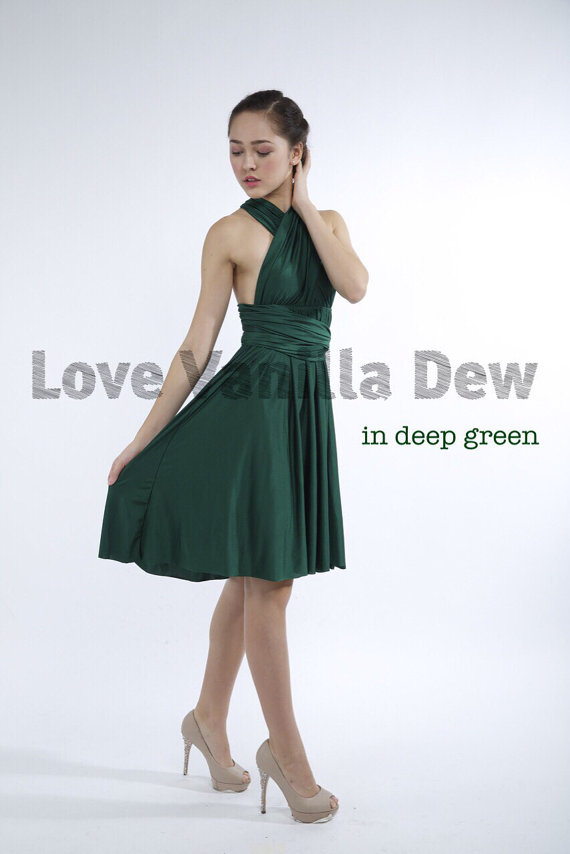 Hochzeit - Bridesmaid Dress Infinity Dress Straight Hem Deep Green Knee Length Wrap Convertible Dress Wedding Dress