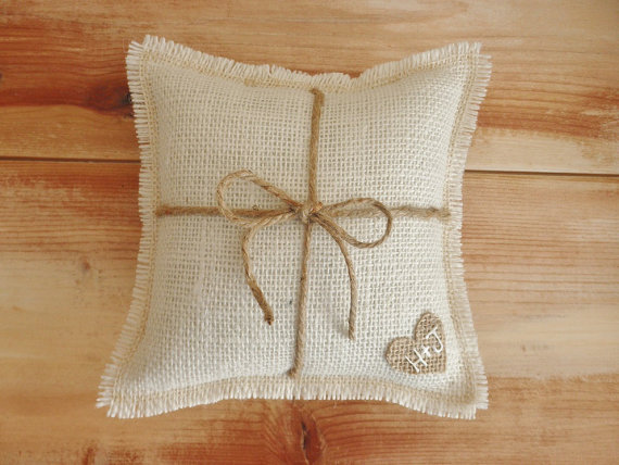 Hochzeit - 8" x 8"  Off-White Burlap Ring Bearer Pillow w/ Jute Twine and Burlap Heart -Personalize w/ Initials- Rustic/Country/Shabby Chic/Wedding
