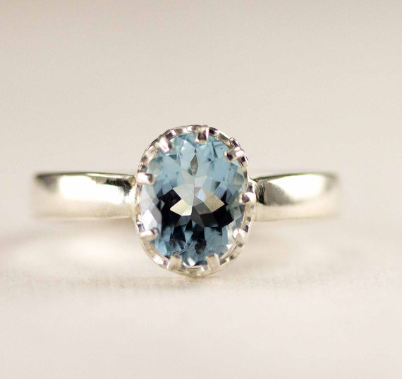 Wedding - Aquamarine Sterling Ring - Aquamarine Engagement Ring - 7x9mm Oval Aquamarine Ring