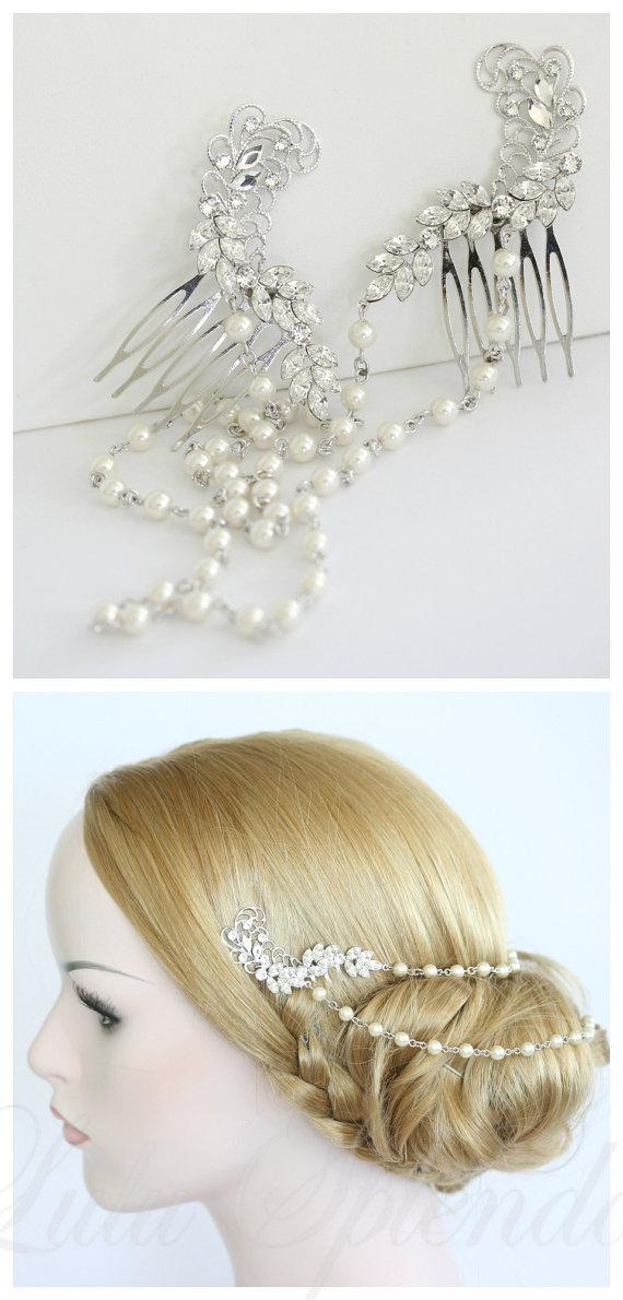 Hochzeit - Pearl Chain Bridal Headpiece Pearl Chain Halo Rhodium Bridal Back Head Piece Hair Swag Wedding Hair Accessory SIAN