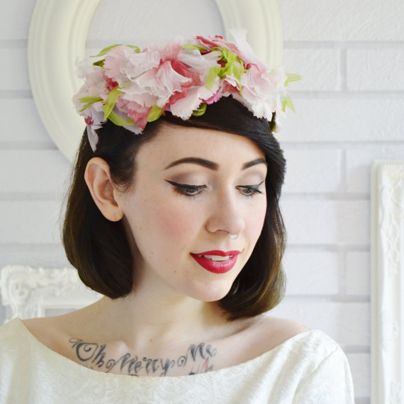Wedding - Vintage Pink and Green Fabric Flower Headband Hat