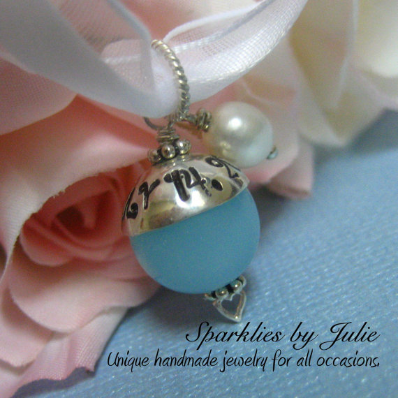 Свадьба - Something Blue Bouquet Charm - FANCY EDITION, Aqua Chalcedony Gemstone, Hand stamped, personalized sterling silver bead cap, Bride, Wedding