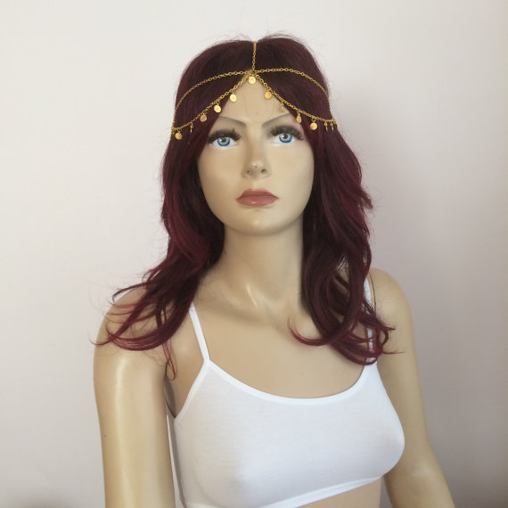 Mariage - Bohemian Gold Coin Double Layer Head Chain,Headpiece,Wedding Haadchain,body chain, summer  accessories, hair  jewelry