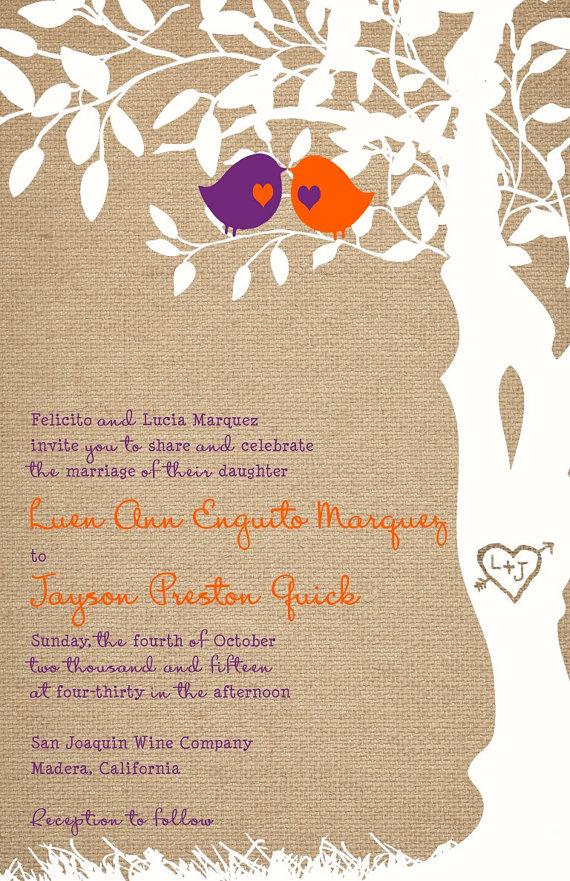 Hochzeit - RUSH Custom Burlap Love Birds Wedding Invitations - Purple and Orange - Listing for Marquez427