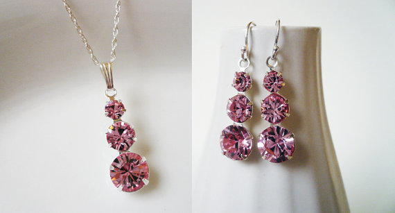 Wedding - Pink Crystal Bridal Jewelry Set in Sparkling Swarovski Rose