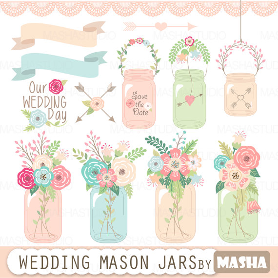 زفاف - Mason jar clipart: "WEDDING MASON JAR" with mason jar clip art, floral bouquets, border lace, ribbons clipart for wedding invitations