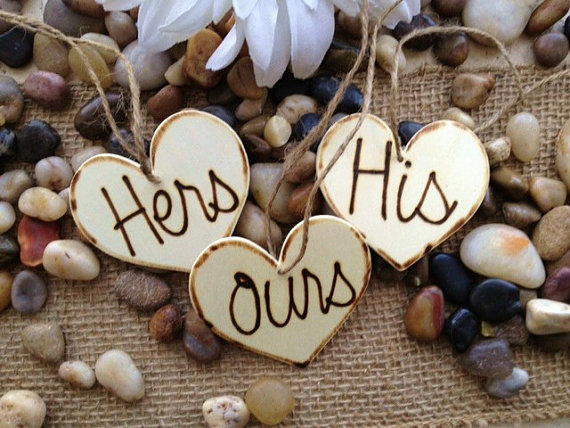 Mariage - His Hers & Ours Wood Heart tags for Unity Candles with Shabby Twine for Rustic Wedding Decorations - set of 3 wood hearts