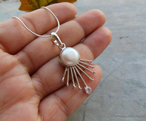 Wedding - Pearl pendant - Bridal jewelry - Artisan pendant - Bezel pendant - Cabochon pendant - Bridal pendant - Gift for her