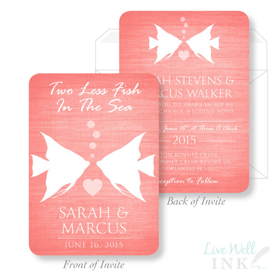 Mariage - PRINTED Wedding Invitation - Two Less Fish in The Sea - Wedding Invitation - Beach Wedding - Fish Wedding Invitation - Two Sided Invitation