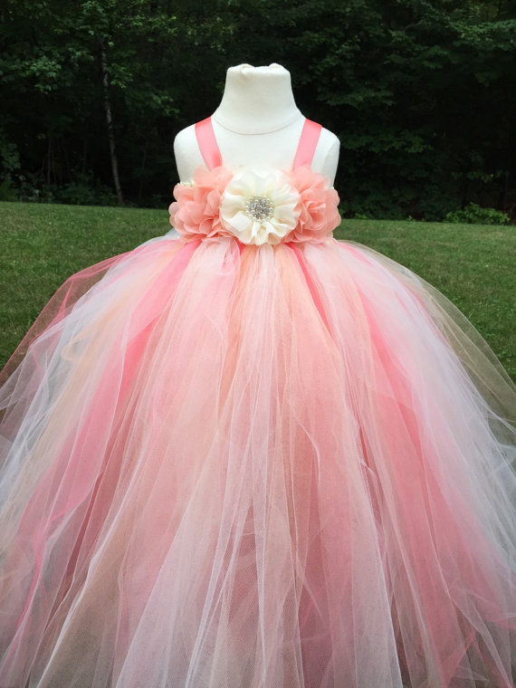 Hochzeit - Coral, peach and ivory tulle flower girl dress, coral and peach wedding, girls coral dress, girls peach tulle dress, beach wedding