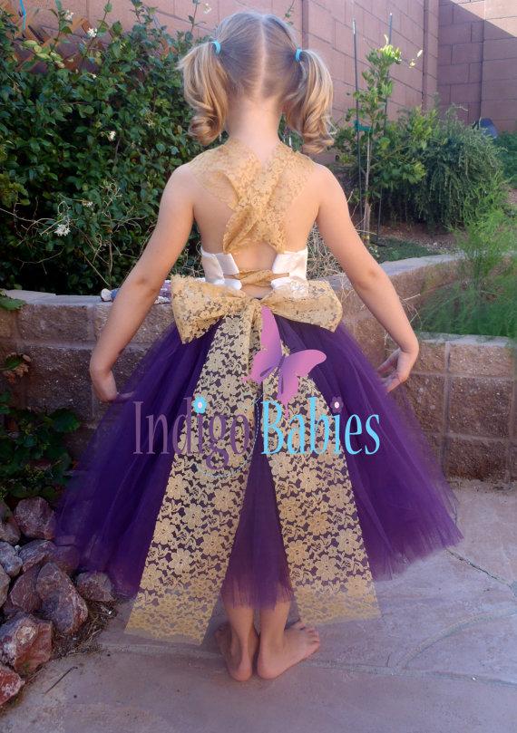 زفاف - Flower Girl Dress, Weddings, Tutu Dress, Dark Purple, Plum Tutu, Cream Satin Top, Gold Lace Back, White Reception,  Bridesmaids, Wedding