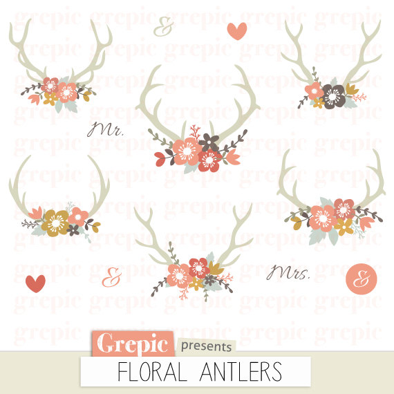 Mariage - Floral antlers: rustic wedding clipart, antler clip art, floral bouquet, vintage flowers, shabby, floral wreaths, deer clipart, invitations