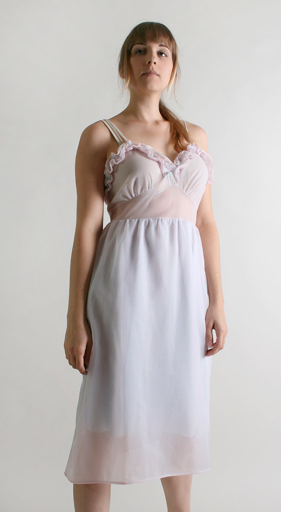 Mariage - Vintage Bridal Lingerie Slip Nightie - Cotton Candy Pink and Light Blue - Medium Sweetheart