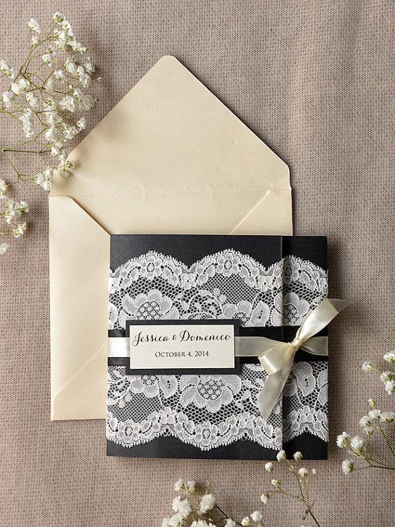 Hochzeit - Custom listing (100) Ivory Lace  Wedding Invitation,Black Wedding Invitation, Pocket Fold Wedding Invitations , Vintage Wedding invitation