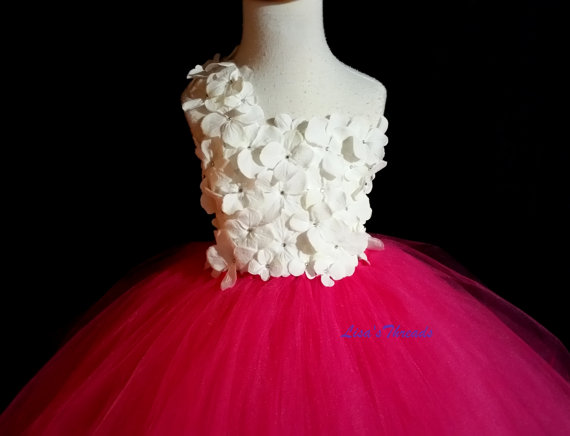 Wedding - White & Fuchsia flower girl dress/ Junior bridesmaids dress/ Flower girl pixie tutu dress/ Rhinestone tulle dress