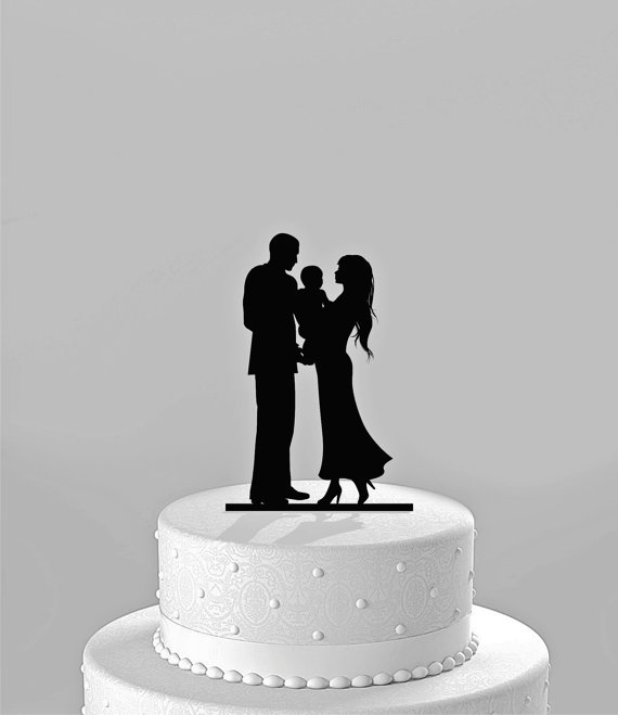 زفاف - Wedding Cake Topper Silhouette Bride &Groom holding baby -  Family Acrylic Cake Topper [CT64c]
