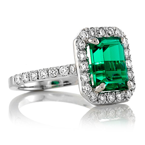 Wedding - Emerald Engagement Ring 14k White Gold EMERALD 5x7mm and Diamond Halo ENGAGEMENT RING Wedding Ring Anniversary Ring .50ct Natural Diamonds