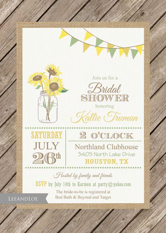 Свадьба - Sunflower Bridal Shower Invitation-Rustic, Burlap, Mason Jar, Wedding