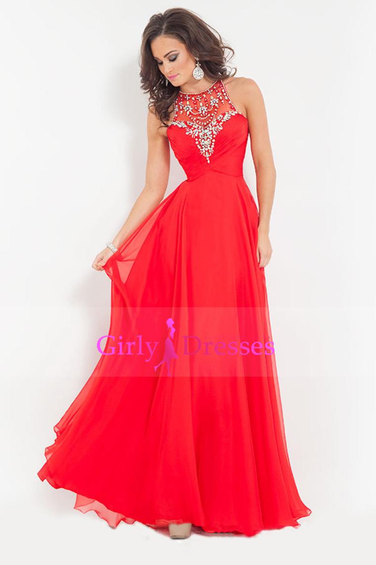 Mariage - 2015-Scoop-A-Line-Princess-Prom-Dresses-With-Beads-And-Ruffles-Chiffon