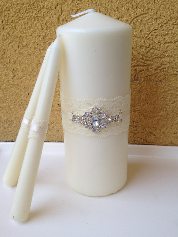Hochzeit - Unity Candle Set for weddings white OR ivory - White Unity Candle W/ Rhinestone unity candles with lace, ribbons and bling, ceremony candles