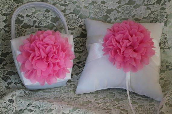 Hochzeit - Ivory or White Ring Bearer Pillow and Basket Chiffon Chrysanthemum in BUBBLEGUM PINK