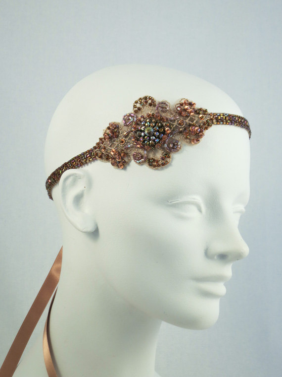 زفاف - Bronze And Gold Baroque Flapper Beaded Headband Headpiece