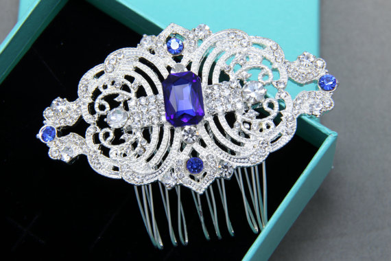 Mariage - Vintage Style Rhombus Motif Blue and Clear Rhinestone Crystals Wedding Hair Comb, Bridal Hair Comb, Wedding Bridal Hair Accessory
