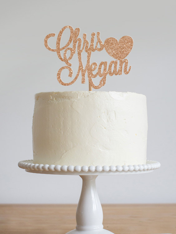 زفاف - Personalized heart glitter wedding cake topper