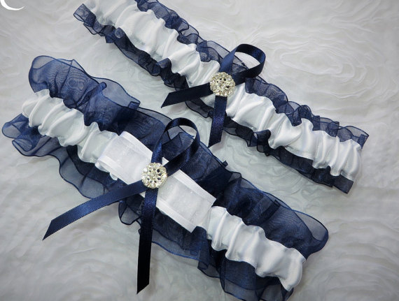 Mariage - Navy Blue and White Garter Set, Keepsake and Toss-away Garter Set, Ribbon Garter, Prom Garter, Bridal Garter, Wedding Garter