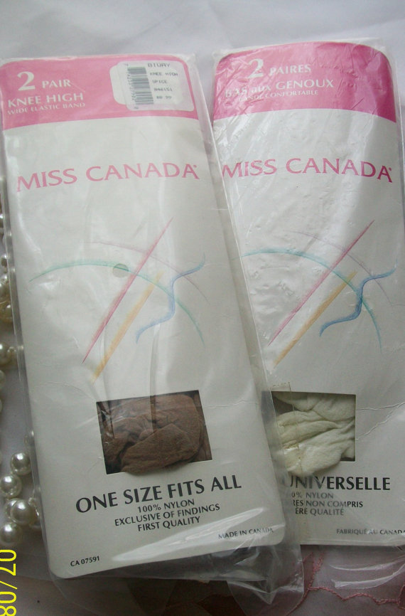 زفاف - Vintage nylon knee high - stockings - Miss Canada - one size - white -spice -  womens lingerie