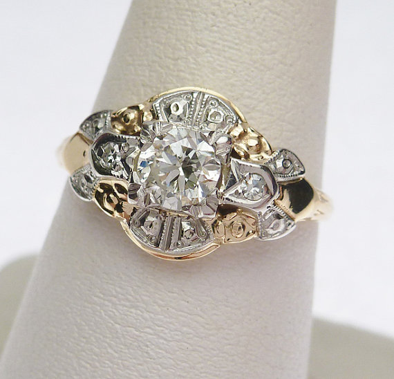 Hochzeit - 14 kt Art Deco 35 pt European Cut & 2 ptw Sides Diamond Low Set Engagement Ring Two Tone 1930s