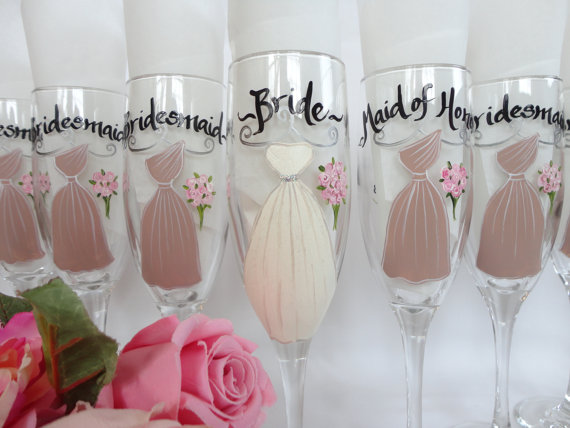 Свадьба - Hand Painted Bridesmaid Champagne Glasses - "PERSONALIZED to Your EXACT DRESSES" - Bridesmaid Wine Glasses - Hand Painted Wine Glasses