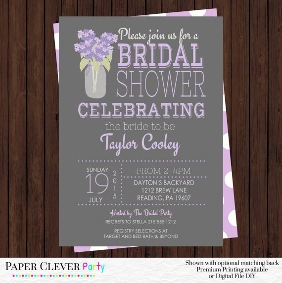 زفاف - Bridal Shower Invitations Purple and Gray with Hydrangea Flowers Typography Vintage Style Printed or Digital File