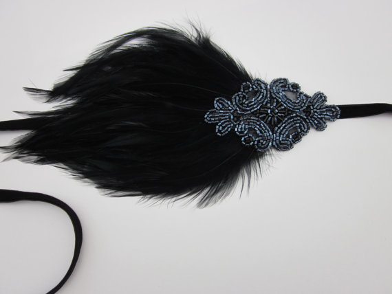 Hochzeit - Great Gatsby Hair Accessories, Great Gatsby Dress Headpiece, Gray Beading Black Feather Headband Black Velvet Bridesmaid Headband