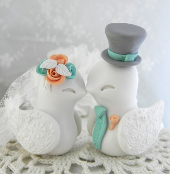 Hochzeit - Love Birds Wedding Cake Topper, White, Peach, Robins Egg Blue and Grey, Bride and Groom Keepsake, Fully Customizable