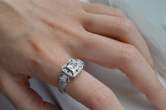 Wedding - Silver Art Deco Ring - Antique Filigree Ring - Princess Cut Engagement Ring - Silver Promise Ring - Stunning Silver Ring