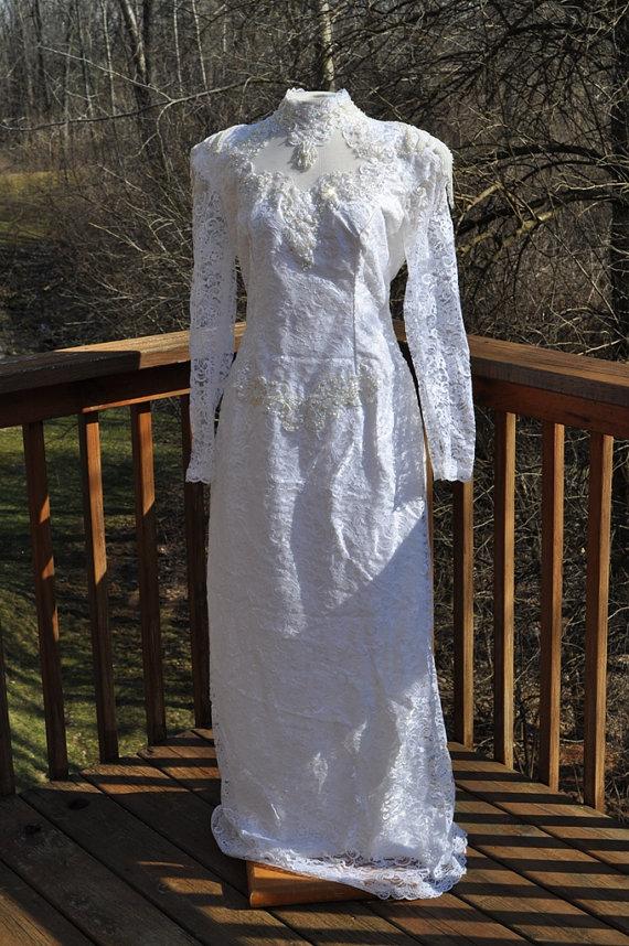 Wedding - Vintage Wedding Gown, White Lace and Satin Dress, Pearl Beads and Sequins