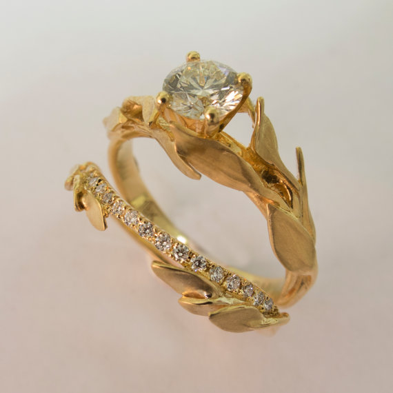 Wedding - Leaves Engagement Set - 14K Gold and Diamond engagement ring, engagement ring, leaf ring, wedding set, engagement set, leaf rings set